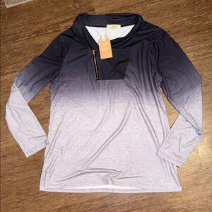 Ombre Navy-to-Light Gray Long Sleeve Zip-Neck Top